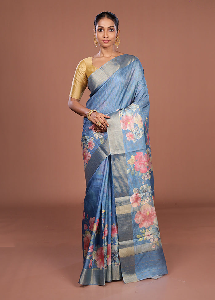 Blue Tussar Silk Saree With Blouse Piece