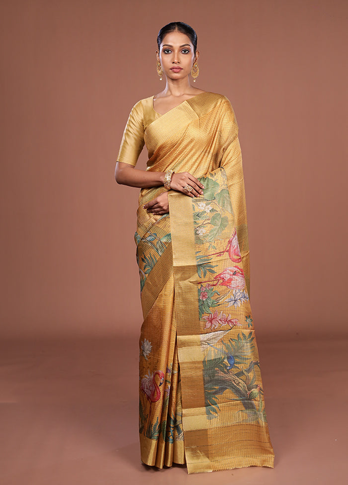 Yellow Tussar Silk Saree With Blouse Piece