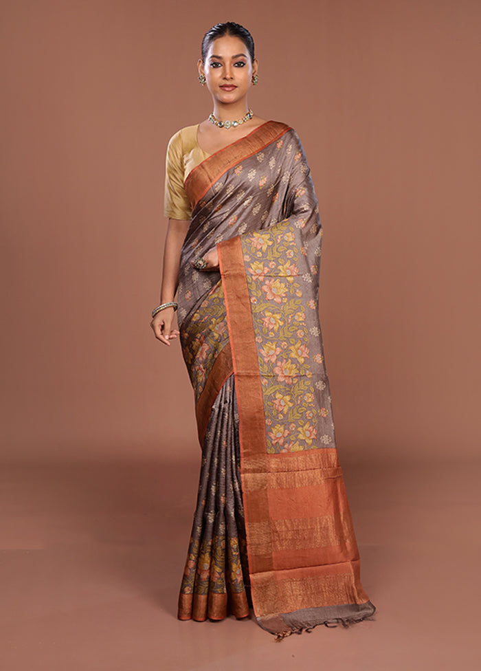 Grey Tussar Silk Saree With Blouse Piece