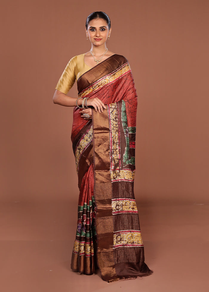 Green Handloom Tussar Pure Silk Saree With Blouse Piece