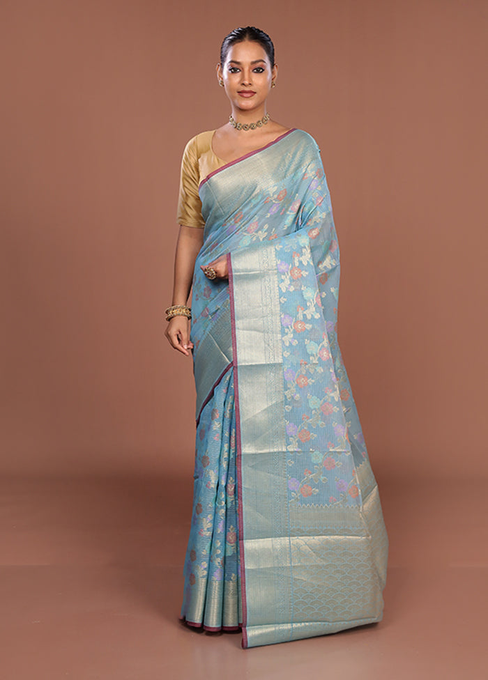 Blue Cotton Saree With Blouse Piece