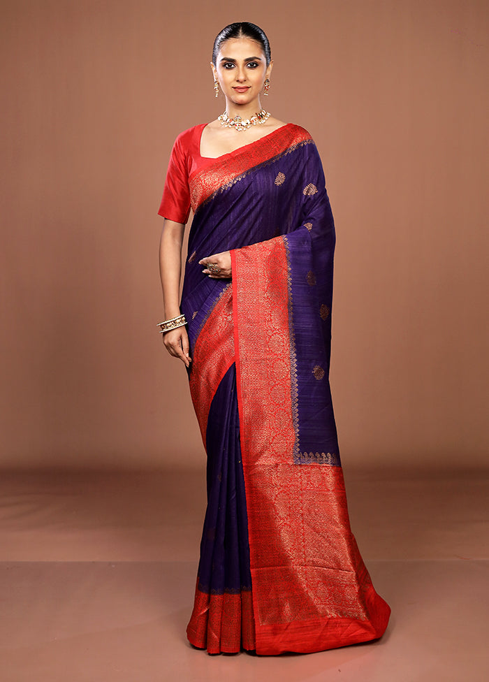 Blue Handloom Tussar Pure Silk Saree With Blouse Piece