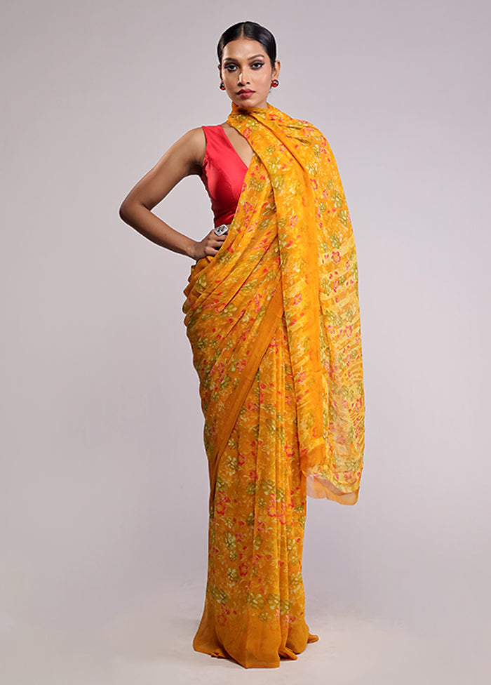 Yellow Chiffon Silk Saree With Blouse Piece