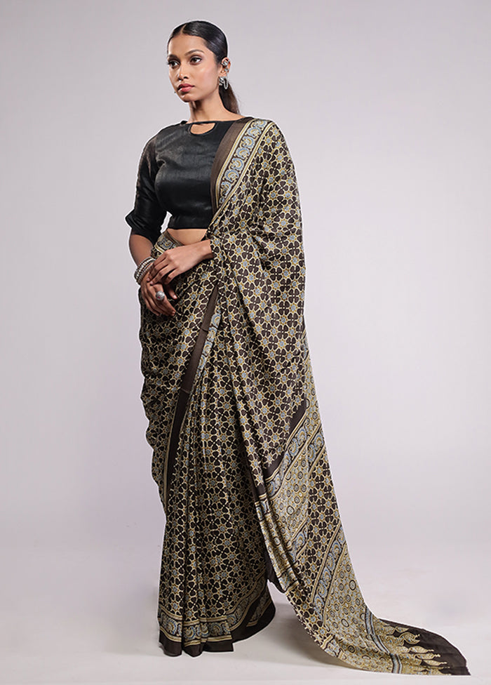 Brown Printed Silk Saree Without Blouse Piece