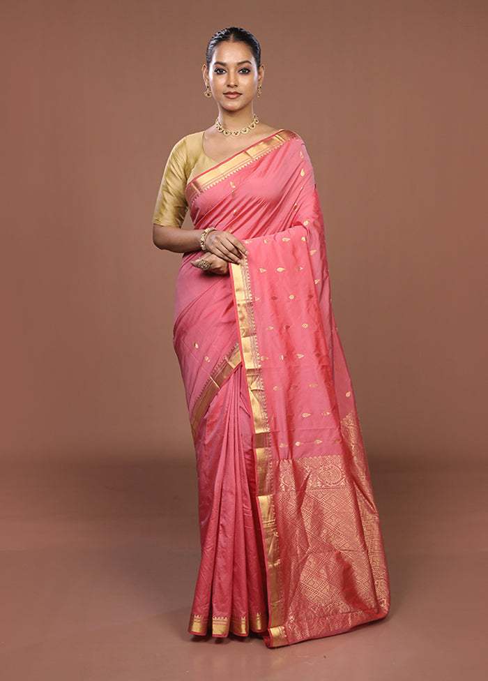 Pink Kanjivaram Silk Saree With Blouse Piece