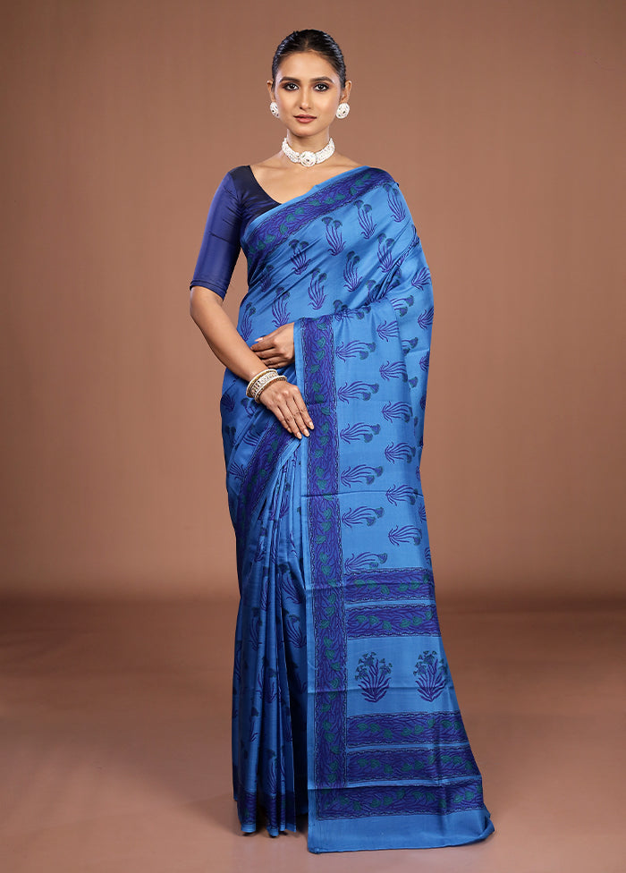 Blue Printed Pure Silk Saree Without Blouse Piece
