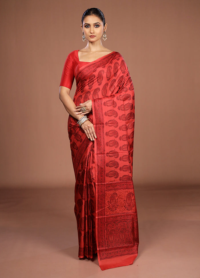 Red Printed Pure Silk Saree Without Blouse Piece