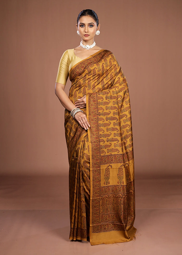 Yellow Printed Pure Silk Saree Without Blouse Piece