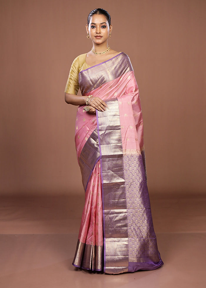 Pink Handloom Kanjivaram Pure Silk Saree With Blouse Piece