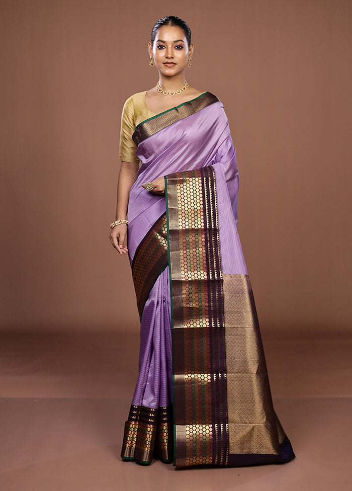 Purple Handloom Kanjivaram Pure Silk Saree With Blouse Piece