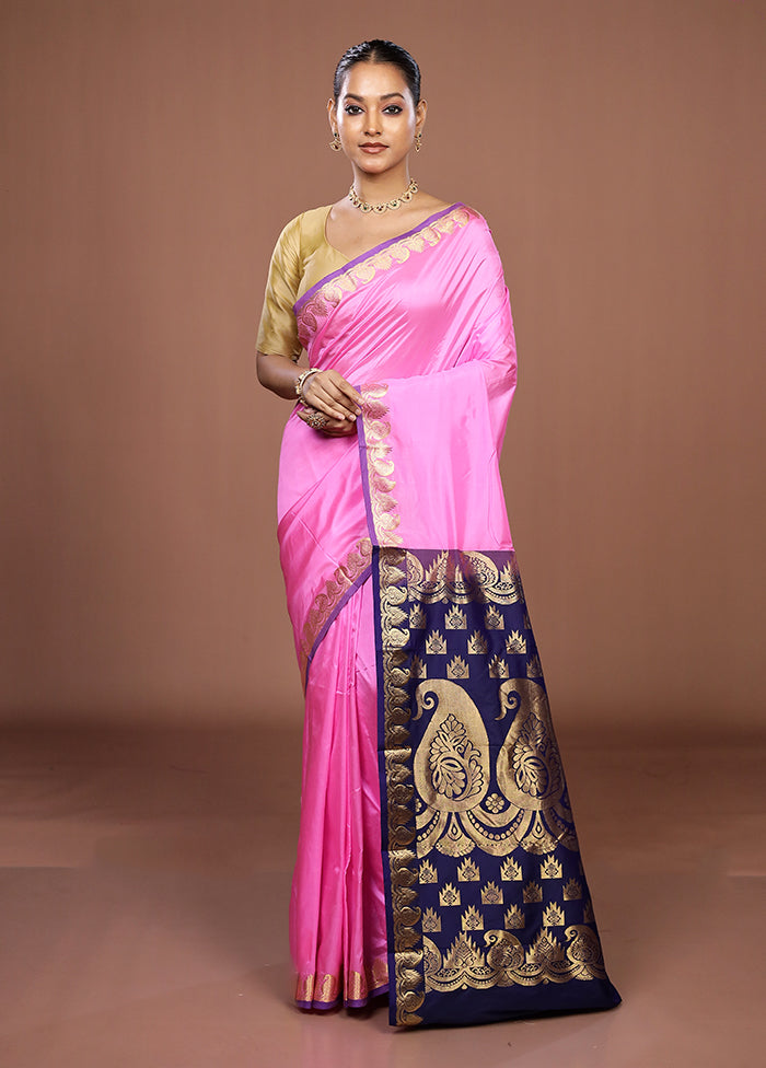 Pink Handloom Kanjivaram Pure Silk Saree With Blouse Piece
