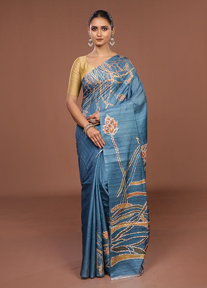 Blue Tussar Silk Saree With Blouse Piece