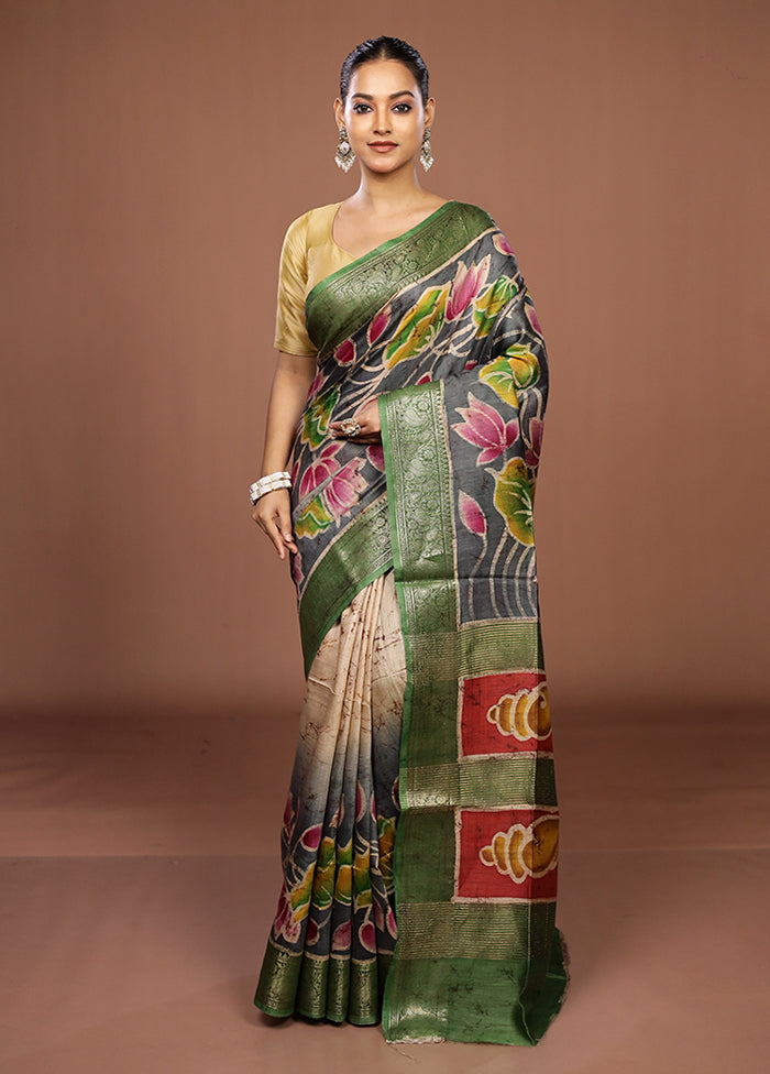 Grey Tussar Silk Saree With Blouse Piece