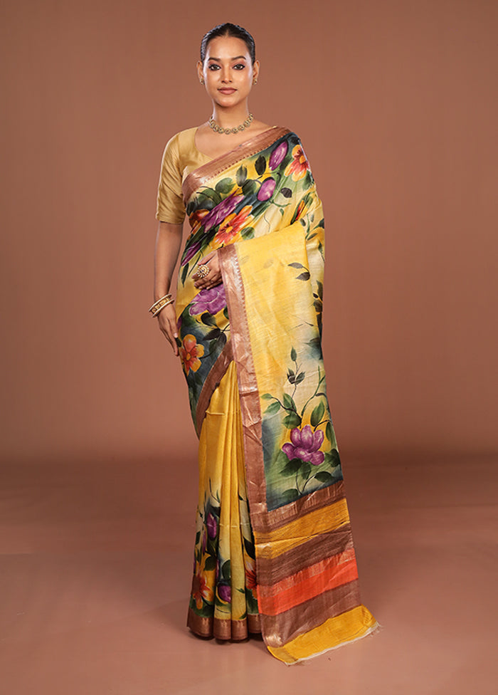 Yellow Tussar Silk Saree With Blouse Piece