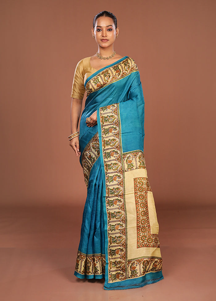 Blue Printed Pure Silk Saree Without Blouse Piece