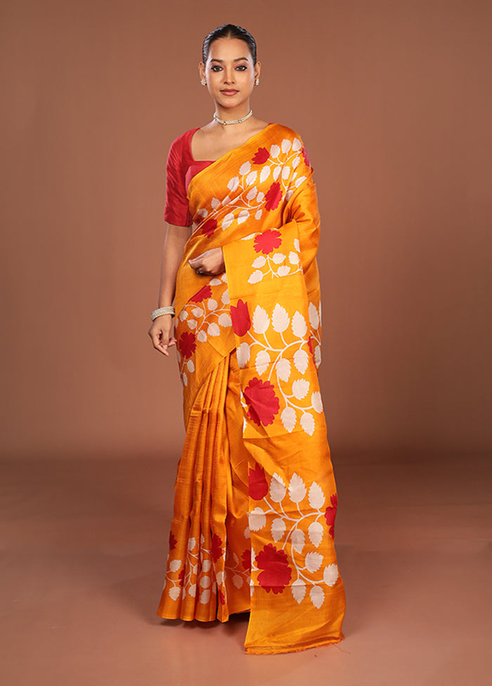 Yellow Printed Pure Silk Saree Without Blouse Piece