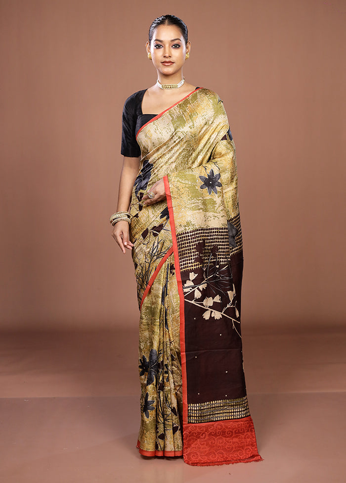 Green Handloom Tussar Pure Silk Saree With Blouse Piece