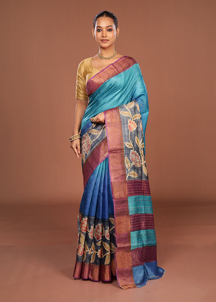 Blue Handloom Tussar Pure Silk Saree With Blouse Piece