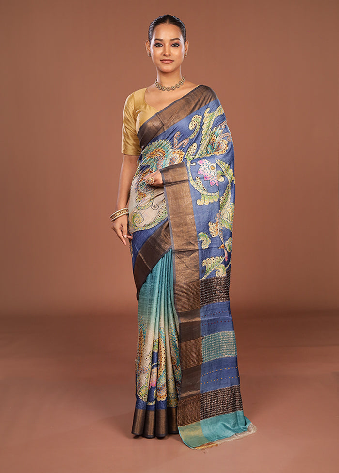 Blue Handloom Tussar Pure Silk Saree With Blouse Piece
