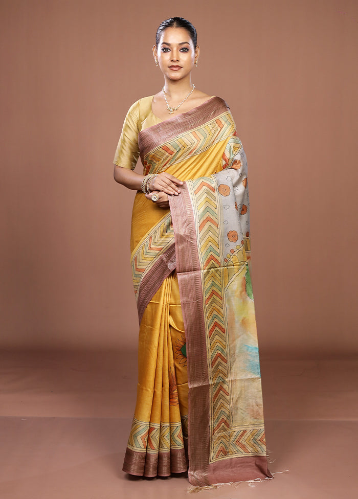 Green Handloom Tussar Pure Silk Saree With Blouse Piece