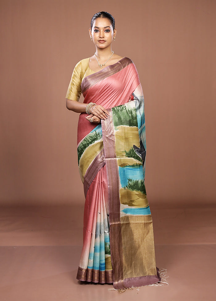 Green Handloom Tussar Pure Silk Saree With Blouse Piece