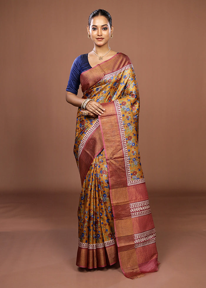 Yellow Tussar Silk Saree With Blouse Piece