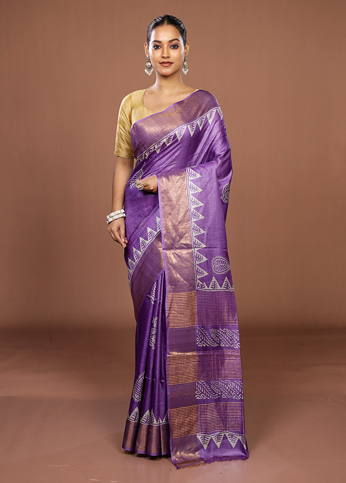 Purple Tussar Silk Saree With Blouse Piece