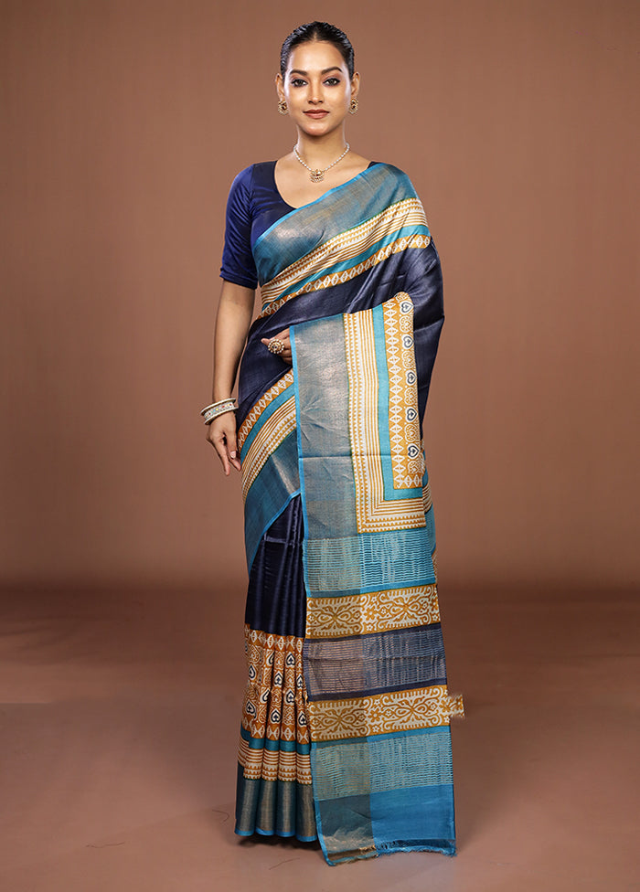 Blue Tussar Silk Saree With Blouse Piece