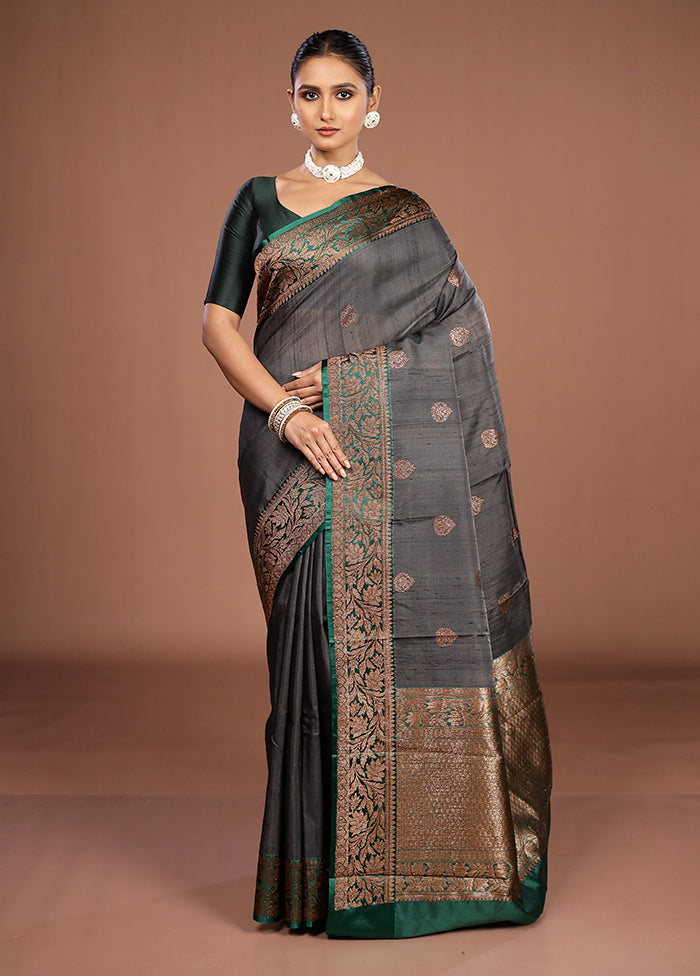 Black Handloom Tussar Pure Silk Saree With Blouse Piece
