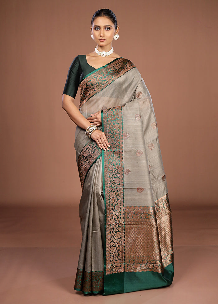 Grey Handloom Tussar Pure Silk Saree With Blouse Piece