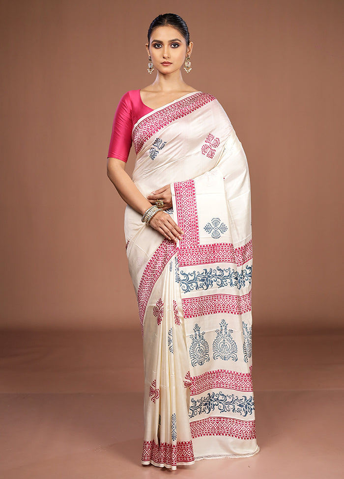 White Printed Pure Silk Saree Without Blouse Piece
