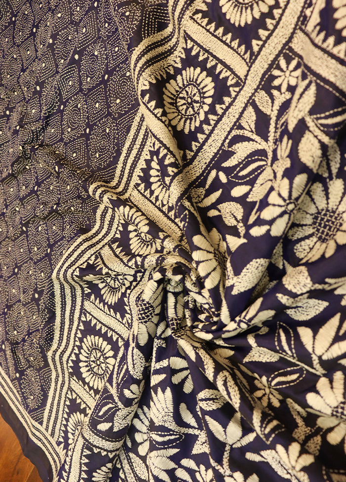 Blue Kantha Stitch Silk Saree With Blouse Piece