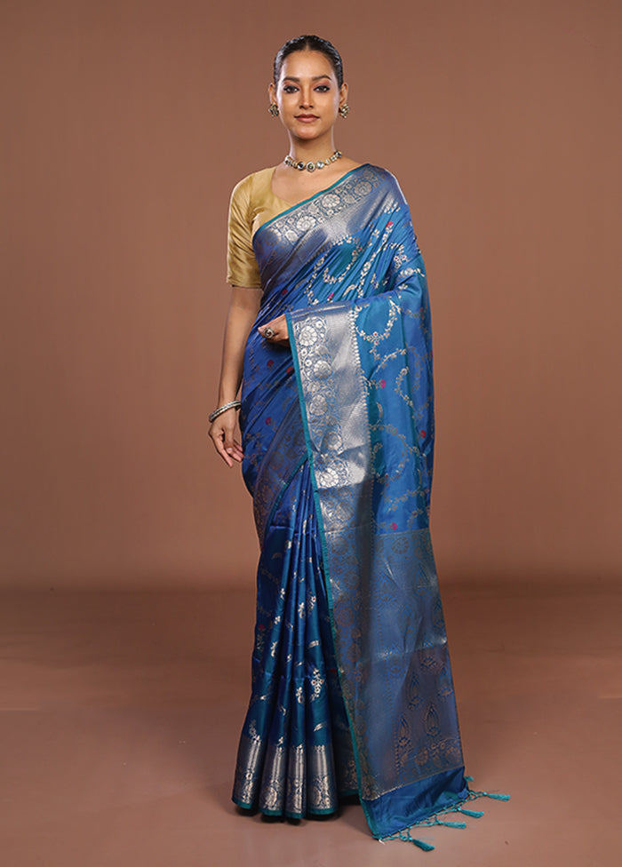 Blue Dupion Silk Saree With Blouse Piece