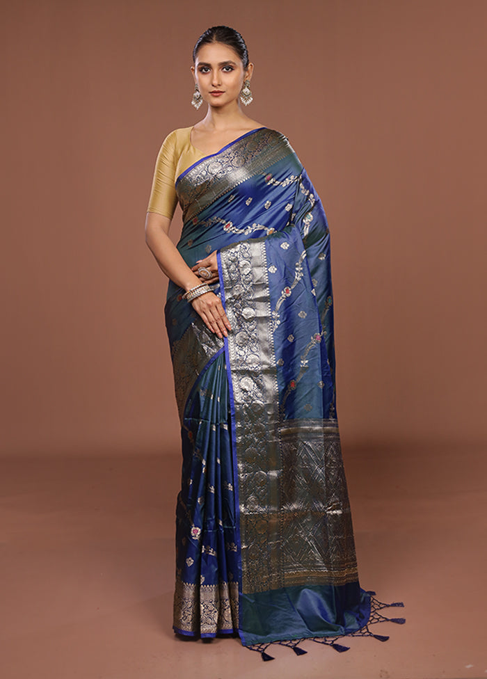 Blue Dupion Silk Saree With Blouse Piece
