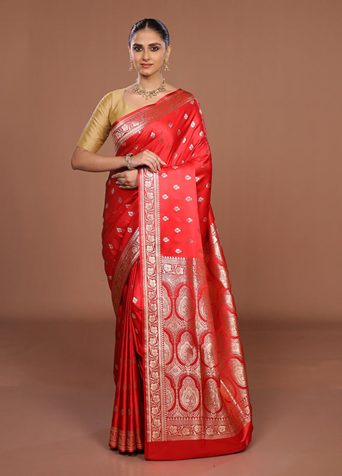 Red Banarasi Silk Saree With Blouse Piece