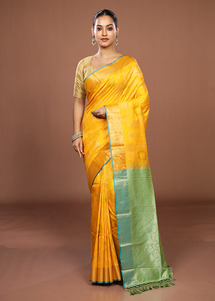 Yellow Dupion Silk Saree With Blouse Piece
