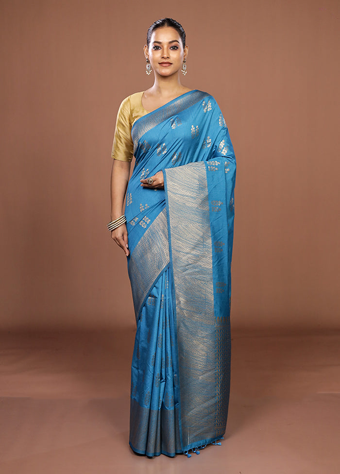 Blue Dupion Silk Saree With Blouse Piece