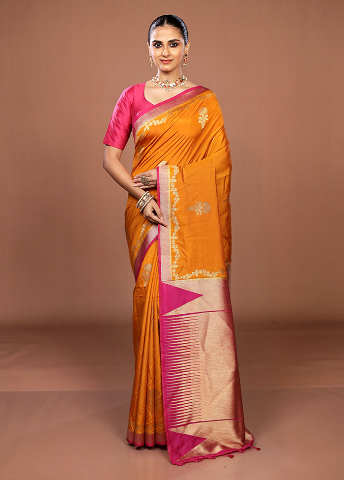Yellow Dupion Silk Saree With Blouse Piece