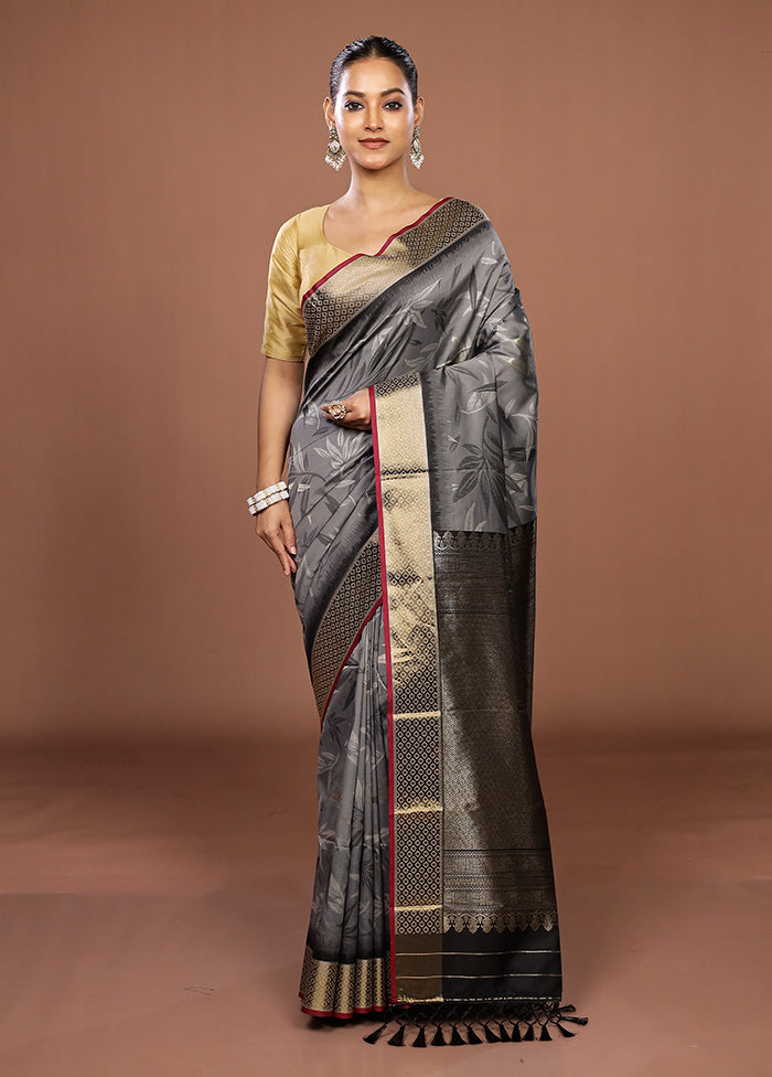 Grey Dupion Silk Saree With Blouse Piece
