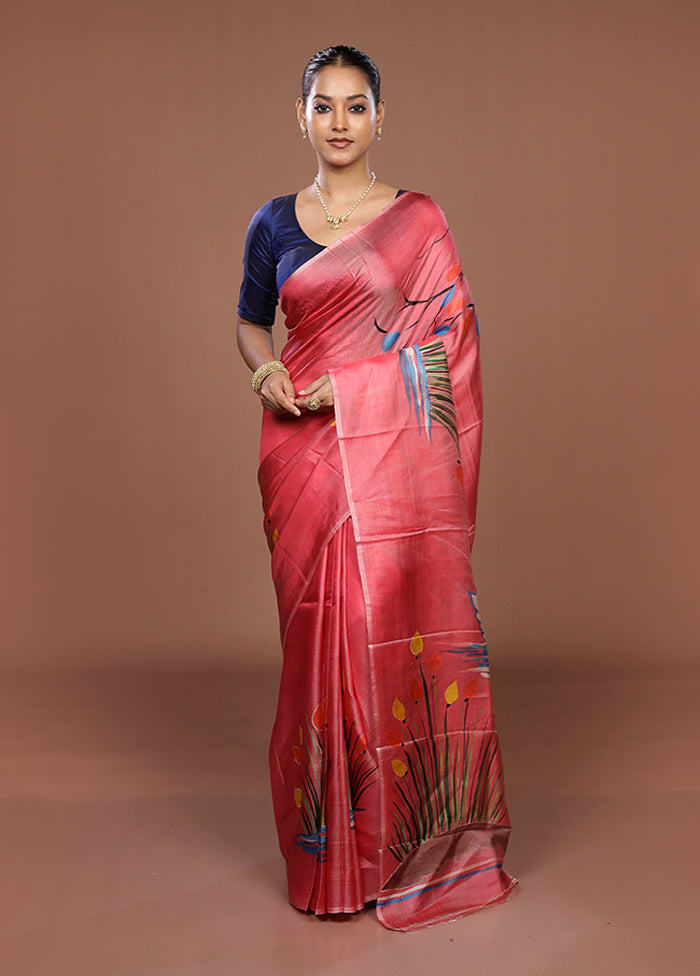 Pink Printed Pure Silk Saree Without Blouse Piece