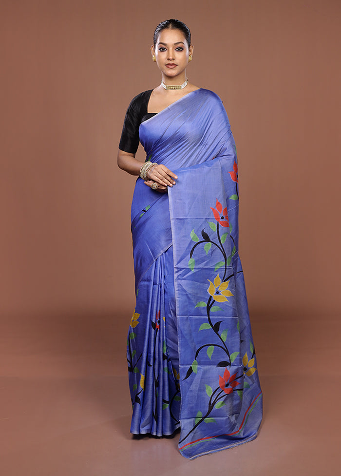 Blue Printed Pure Silk Saree Without Blouse Piece