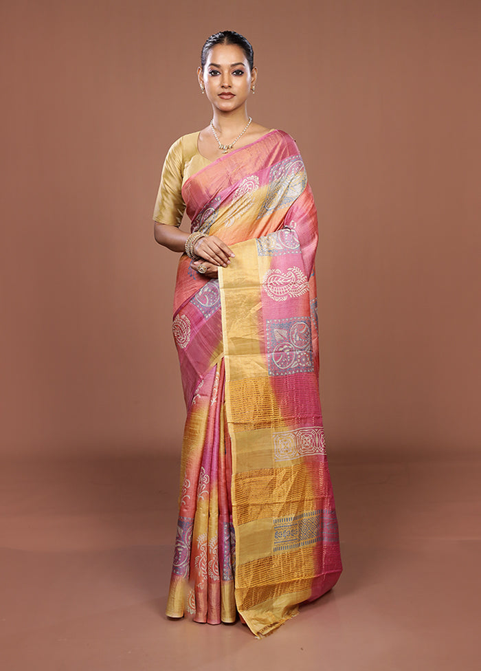 Yellow Handloom Tussar Pure Silk Saree With Blouse Piece