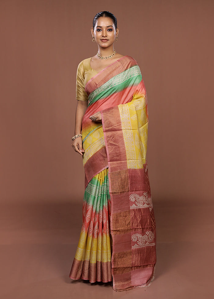 Pink Handloom Tussar Pure Silk Saree With Blouse Piece