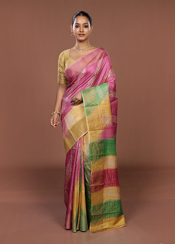 Pink Handloom Tussar Pure Silk Saree With Blouse Piece