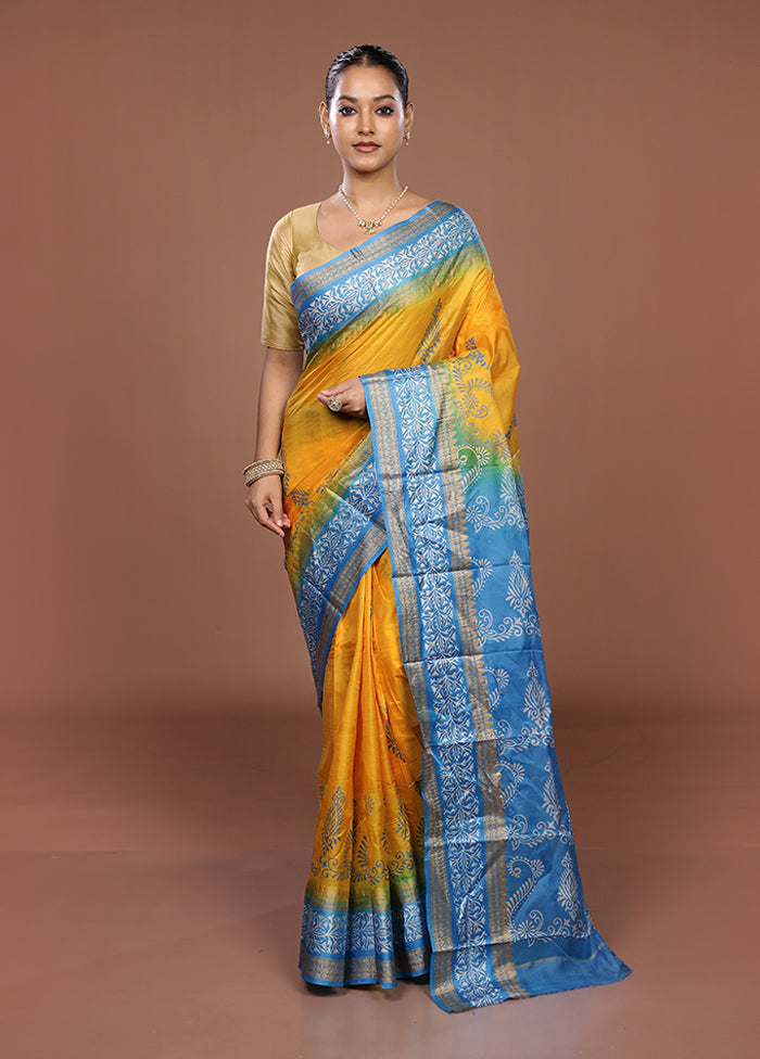 Yellow Printed Pure Silk Saree Without Blouse Piece