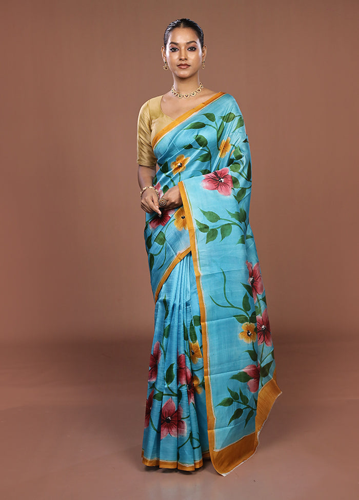 Blue Printed Pure Silk Saree Without Blouse Piece