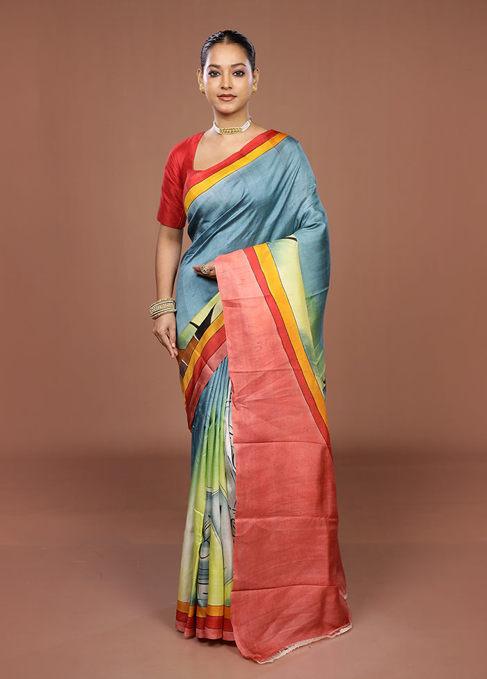 Green Printed Pure Silk Saree Without Blouse Piece