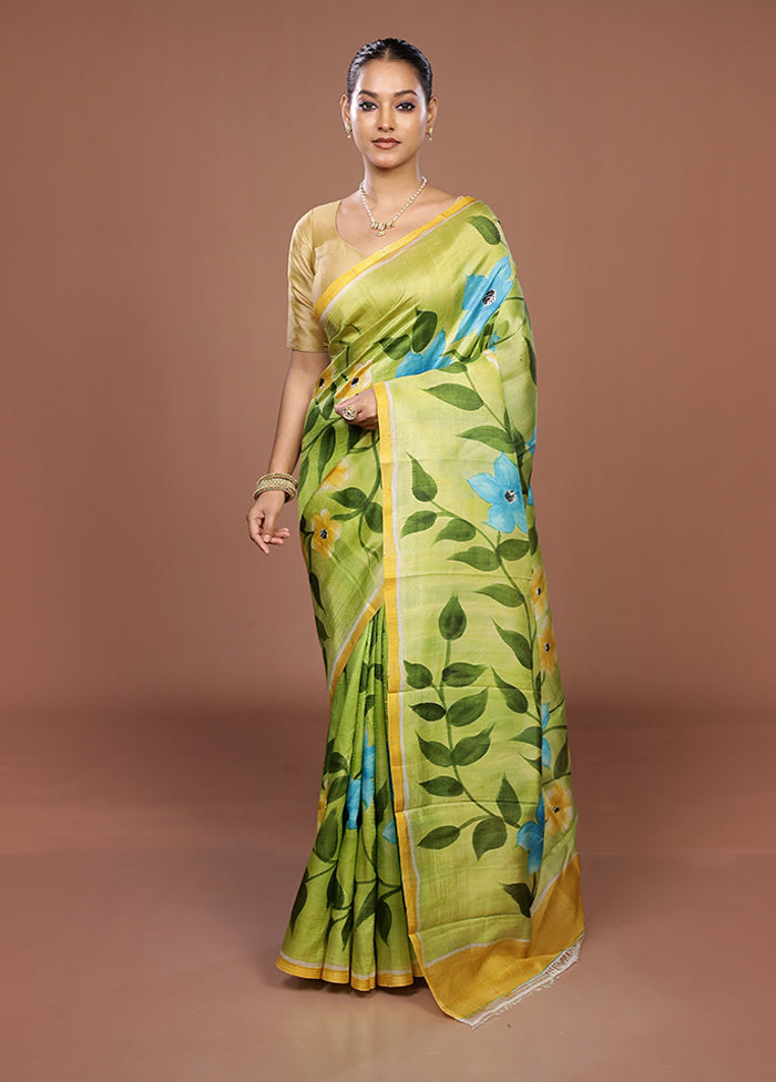Green Printed Pure Silk Saree Without Blouse Piece