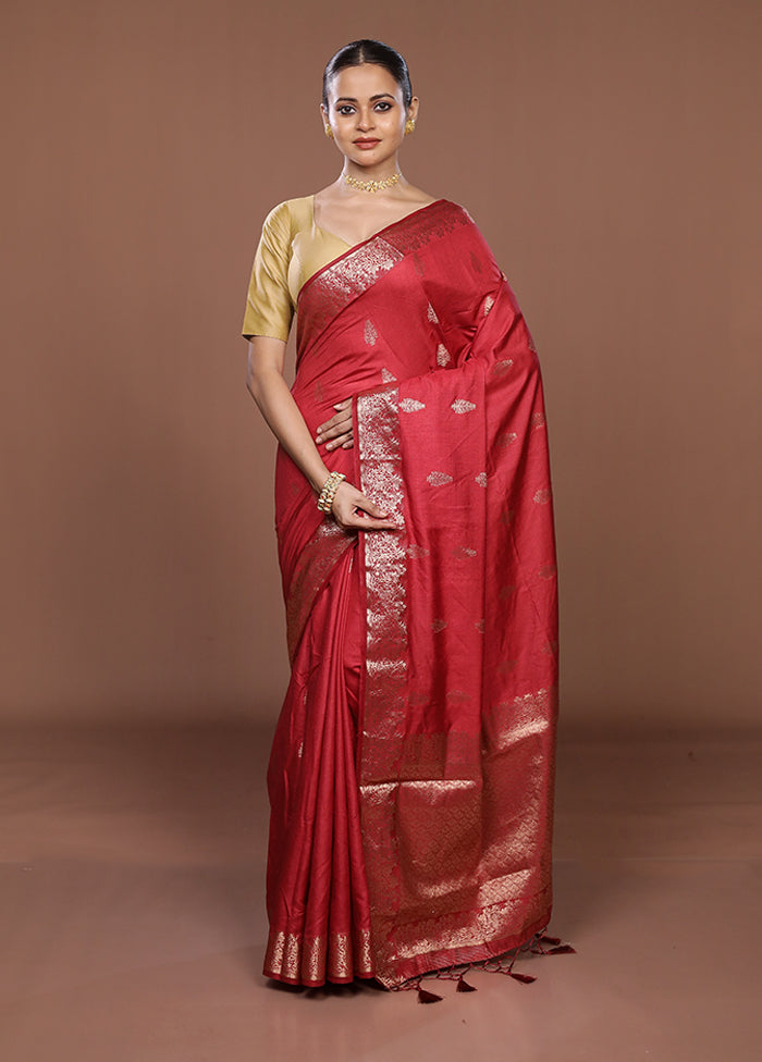 Maroon Dupion Silk Saree With Blouse Piece