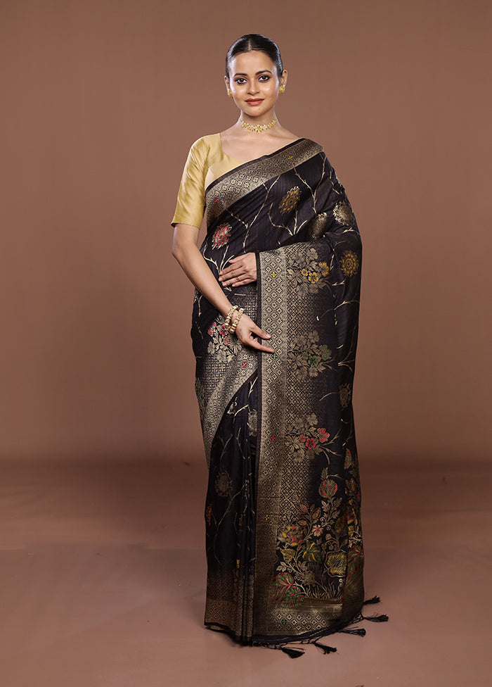 Black Dupion Silk Saree With Blouse Piece
